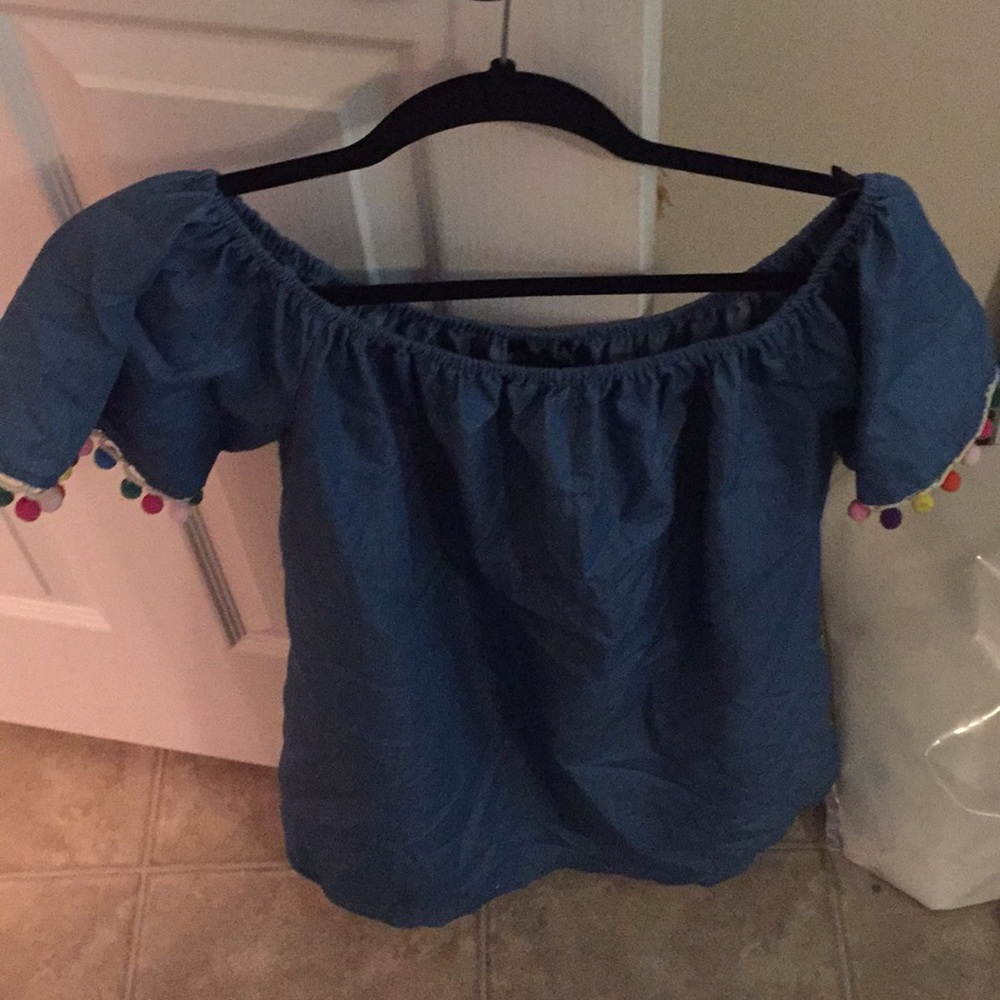 Blue off the shoulder dress with Pom poms